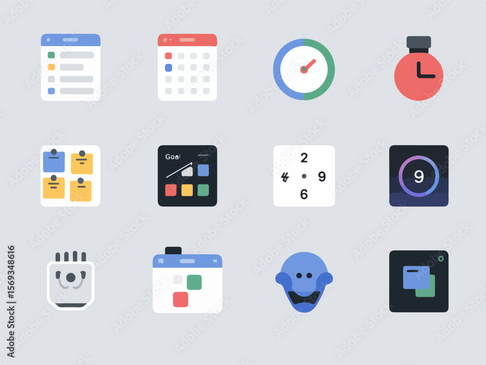 Poster collection of modern flat design icons representing various digital tools and concepts including cal