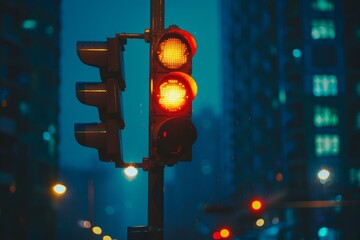 Traffic light showing yellow and red lights with blurred city lights in the background at dusk