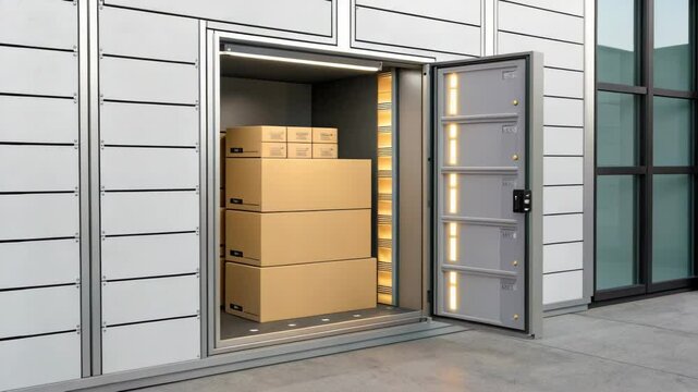 Modern parcel locker with stack of cardboard boxes, illustrating convenient shipping and delivery services for modern e-commerce with technology solutions.