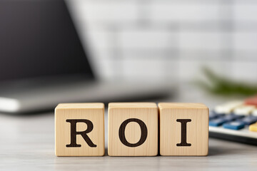 Return on investment concept with ROI cubes and calculator for business analytics
