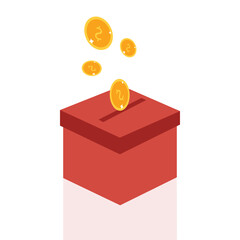 Donation box charity to the poor and needy people. Gold coins pouring into the donation box  Vector illustration