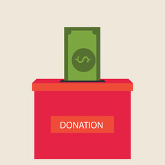 Donation box charity to the poor and needy people. paper money pouring into the donation box  Vector illustration