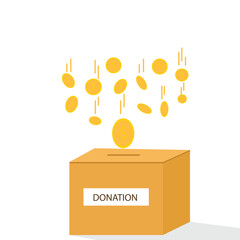Donation box charity to the poor and needy people. Gold coins pouring into the donation box  Vector illustration