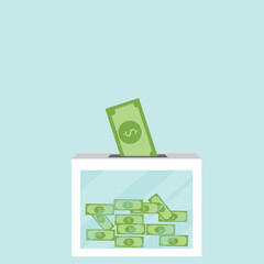 Donation box charity to the poor and needy people. paper money pouring into the donation box  Vector illustration