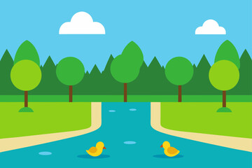 Fototapeta premium Road Beside A Large Pond With Ducks In A Public Park