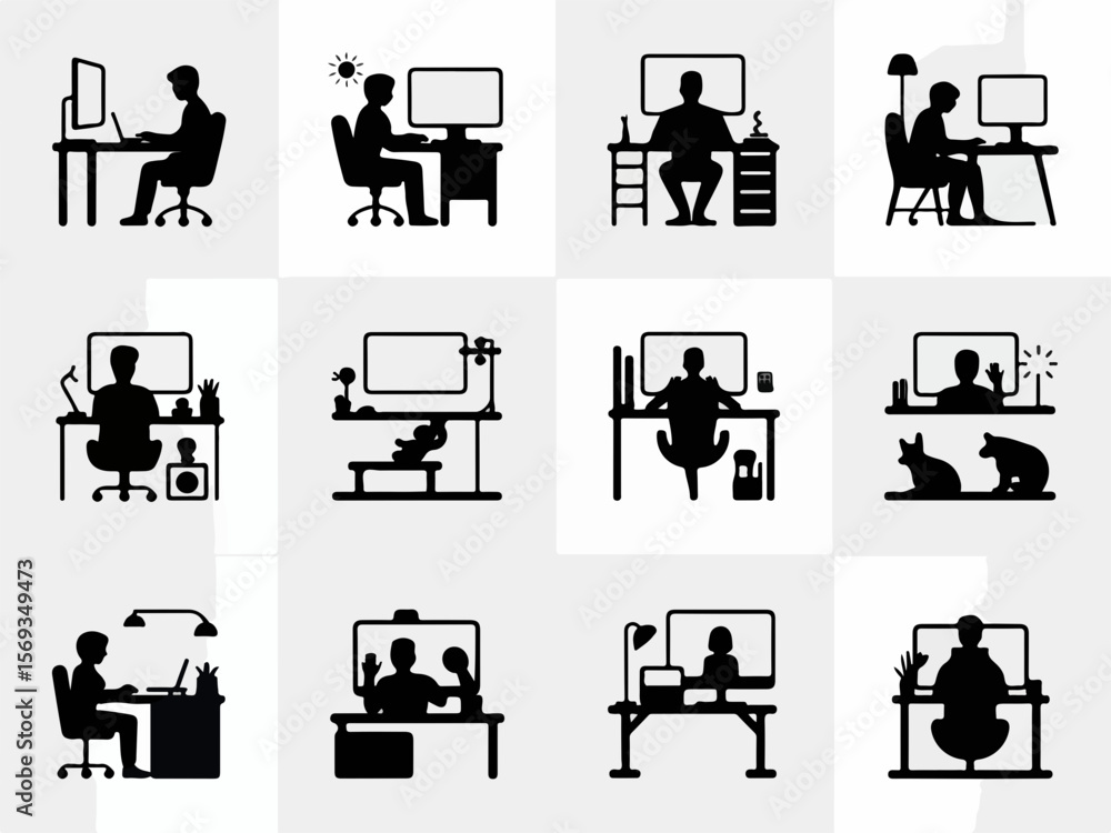 Poster collection of diverse person working at computer desk icons in a simple black silhouette style repre