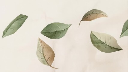 Green and brown leaves scattered on cream background   - Powered by Adobe