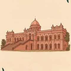 Vintage Illustration of Ahsan Manzil in Dhaka, Bangladesh – Mughal Architectural Heritage Palace with Pink Facade and Dome