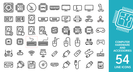 computer hardware and accessories – vector line icon set
