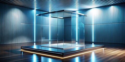 Obraz premium Glass cube display with vertical blue neon lights in a modern hall