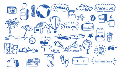 Hand-drawn travel doodle vector with passport, suitcase, map, airplane, umbrella, tent, globe, and beach icons. Great for vacation planners, adventure journals, summer cards, and sticker design.