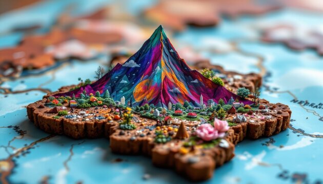 create a digital art piece featuring a hip and trendy geometric pattern on a random geographical location set against a blurred background