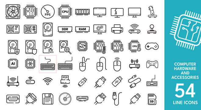 computer hardware and accessories &ndash; vector line icon set
