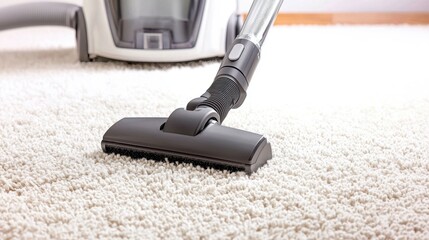 Vacuum cleaner on a carpeted floor Concept, Close-Up View of Vacuum Cleaner Dust Bin Being Detached for Easy Cleaning and Maintenance in Household Setting