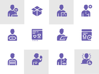 Collection of modern purple flat icons representing various business and personal concepts including user profiles delivery and data management silhouette