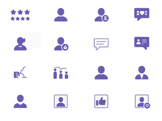 Collection of modern purple and white user interface icons representing social media engagement and user profiles in a clean silhouette style