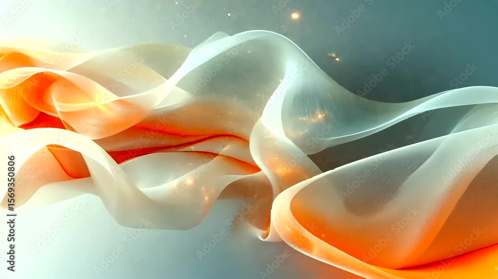 Poster abstract fluid waves with gradient orange color and light particles flowing elegantly