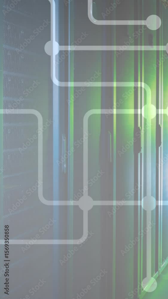 Poster digital composite of dots interconnecting with lines over server room