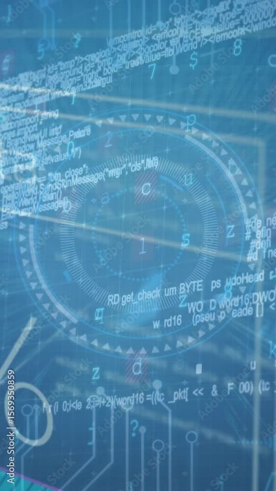 Poster animation of hud with financial data processing on digital interface with coding