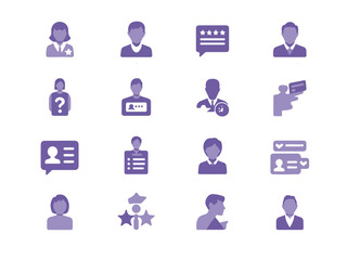 Collection of modern flat icons representing diverse professional people and user profiles with distinct silhouette style and purple color scheme on black background
