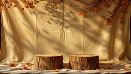create a promotional image featuring two wooden podiums displaying a natural nude model against a beige banner backdrop with a branch shadow cast over the subject
