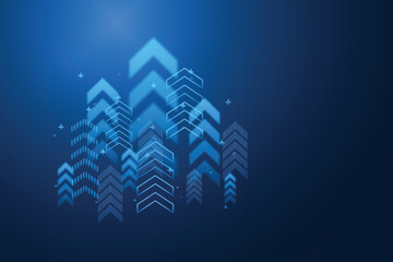 business arrow up growth technology on grid line dark blue background. graph stock market trading investment. chart trend profit income