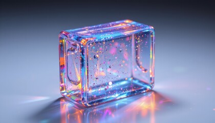 create a holographic brick posed of multiple particles, with a sparkling style, place a clear and prominent subject on the right side of the image
