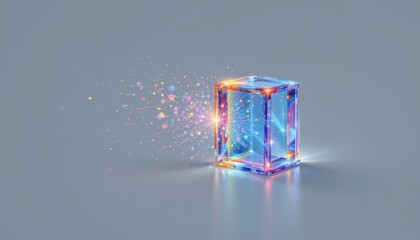create a holographic brick posed of multiple particles, with a sparkling style, place a clear and prominent subject on the right side of the image