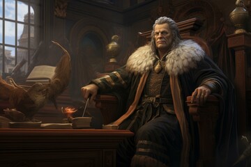 Medieval king holding a scepter sitting on his throne, ruling his kingdom and managing his affairs