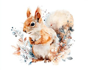 Squirrel watercolor of fluffy tail and bright eyes copy space soft detailed palette Double exposure silhouette with woodland elements