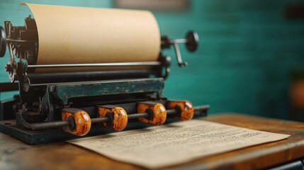 Vintage Letterpress Machine with Ink-Stained Rollers and Blank Paper Ready for Printing