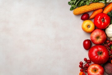 Orange vegetables, autumn still life, pumpkins, apples, corn, light beige backdrop. Generative AI