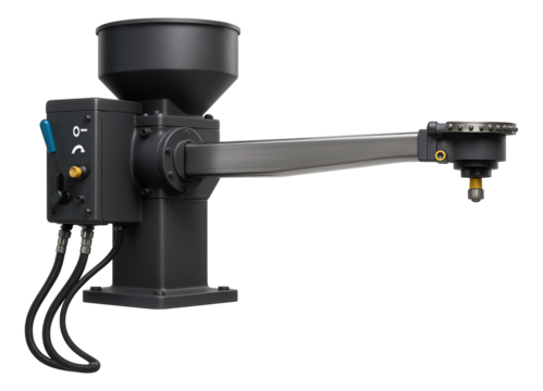 Sand slinger molding machine with a revolving arm and adjustable sand distribution for precision mold making in a foundry.