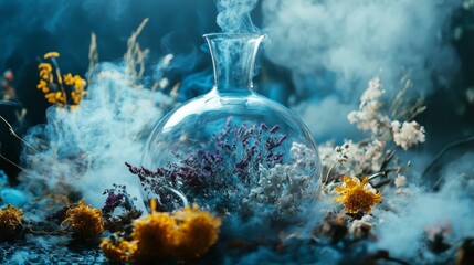 Glass potion bottle with dried herbs and flowers in fantasy environment with magical smoke background