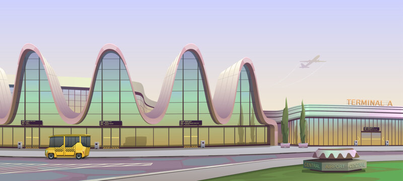 Airport building, modern glass and metal architecture, futuristic facade design. City infrastructure and environment, airport terminal, info display, road and sidewalk with parked taxi. Vector cartoon