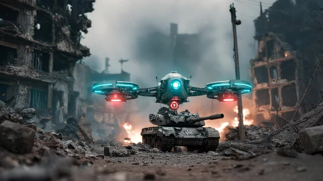 Drone Eye view over a destroyed city with Tank in a war zone