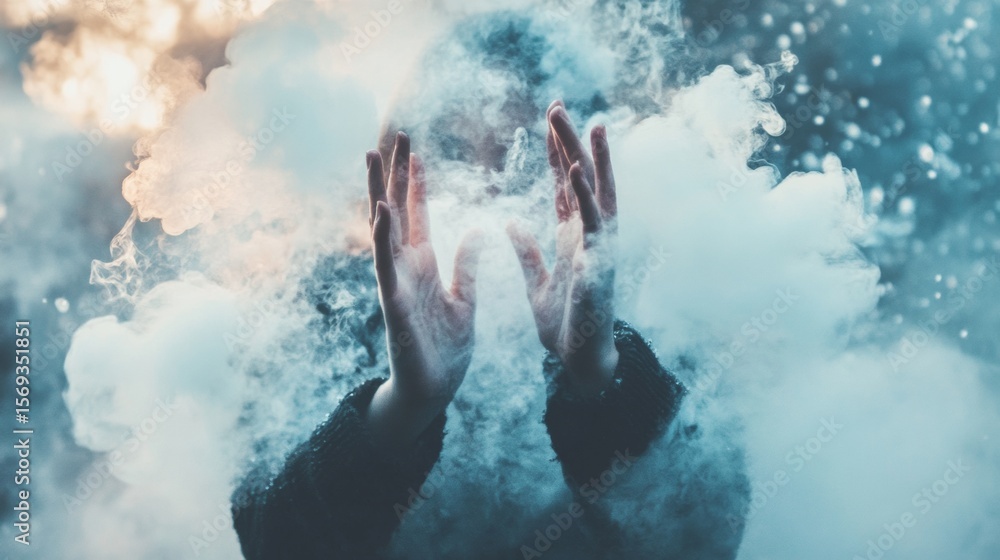 Poster hands clapping colored powder creating explosion of smoke in dynamic motion and dramatic lighting