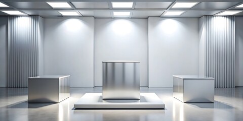 Fototapeta premium A modern minimalist exhibition space with metallic display pedestals and spotlights