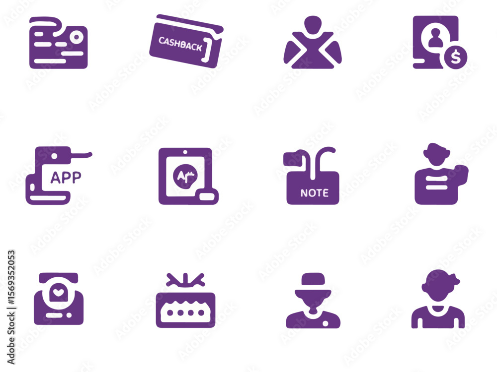 Poster collection of twelve distinct purple and white modern minimalist icons representing finance and comm