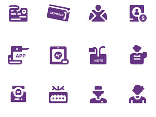 Collection of twelve distinct purple and white modern minimalist icons representing finance and communication concepts in a clean silhouette style