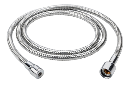 Flexible metal shower hose with chrome fittings isolated on transparent background