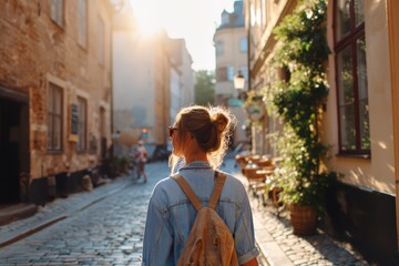 solo traveler from behind walking cobblestone alley in old town Europe
