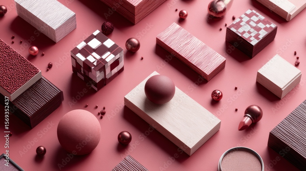 Poster pink abstract background with geometric shapes and objects in modern 3d minimalist aesthetic layout
