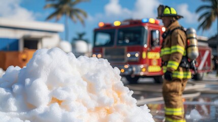 Chemical Spill System Concept, Firefighter Deploying Foam to Neutralize Hazardous Materials at Emergency Response Scene