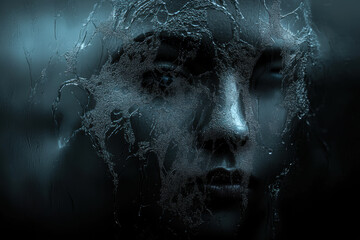 Mysterious female face behind steamy glass in shadowed light