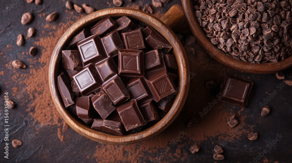 Poster dark chocolate bars and chunks in bowls on wooden surface with cocoa powder and rustic texture