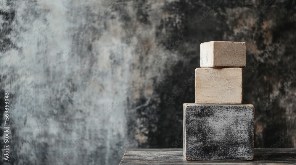 Poster minimal abstract geometric sculpture with stacked blocks on textured gray background and concrete ba