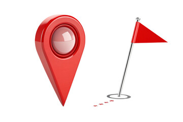 Red map pin marker and red flag on a stick with footprints isolated on transparent background
