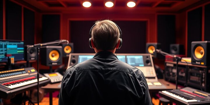 Studio musician's back, seated at mixing console, recording audio,  technology,  sound engineering