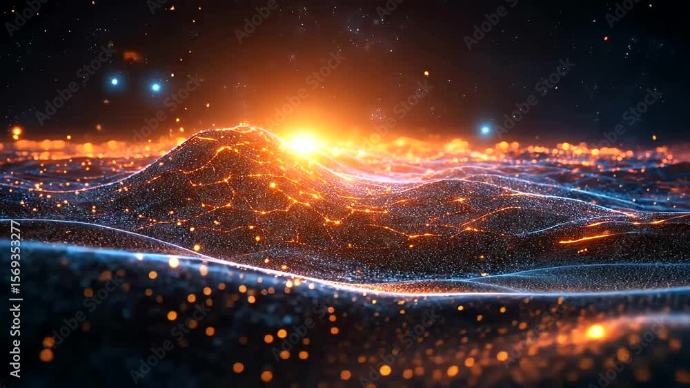 Poster abstract futuristic landscape with glowing lights and particle waves in deep space